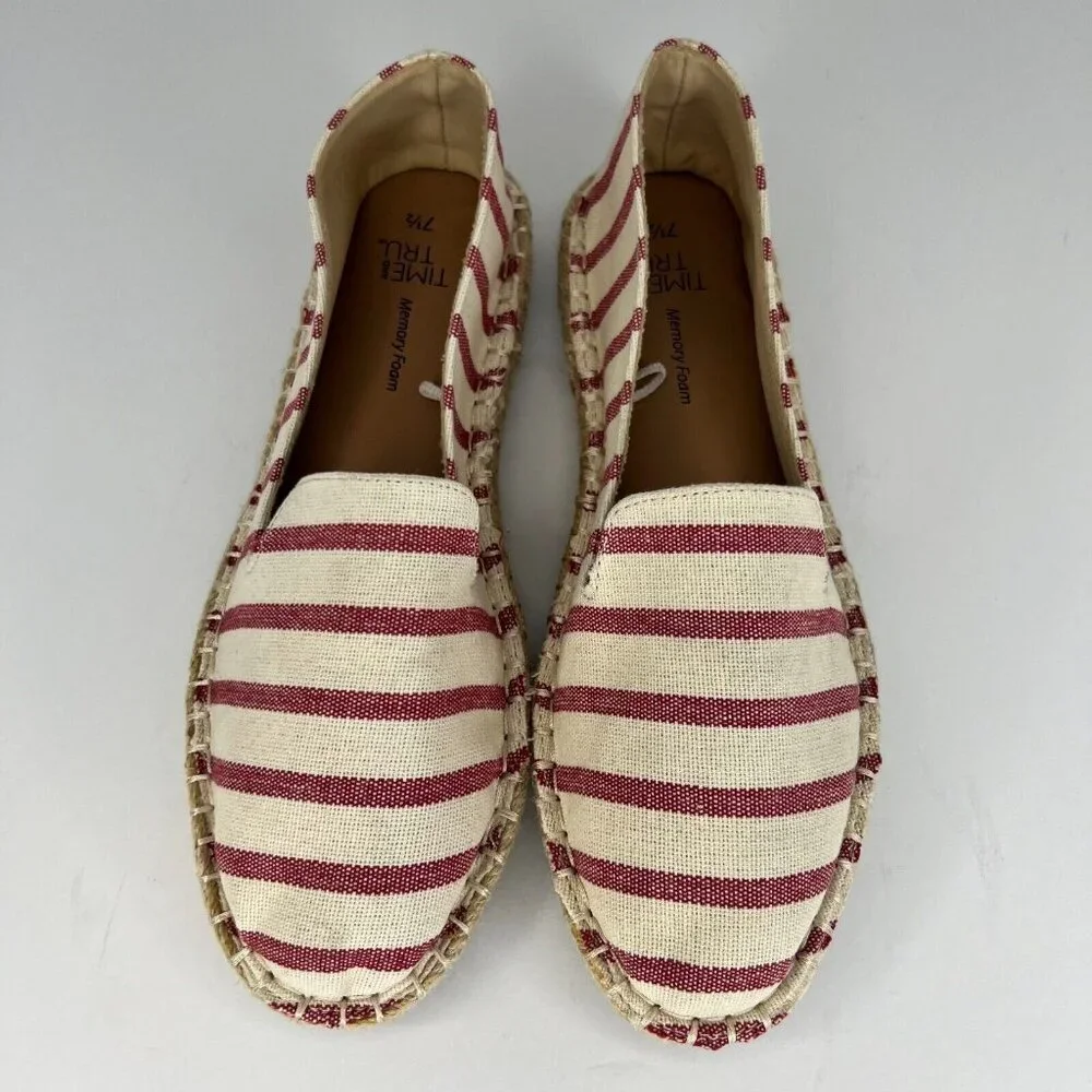 Time and Tru Womens Red Stripe Canvas Espadrille Casual Slip-On Size 7.5 Flats